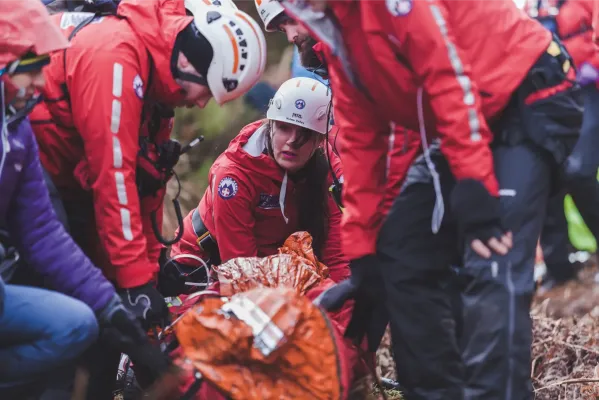 Mountain Rescue team demonstrating a casualty evacuation at the Mountain Safety and First Aid Hub